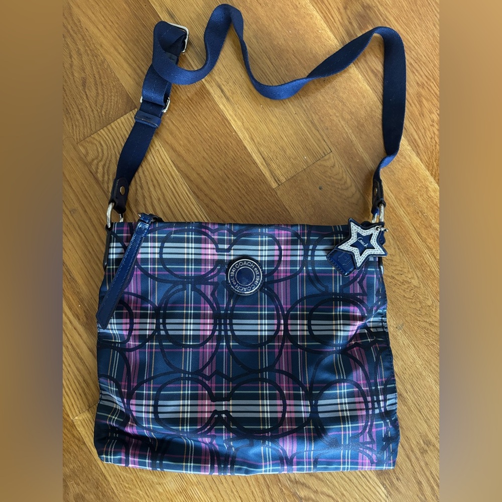 Coach Navy and Purple Tartan Plaid Nylon Crossbody Bag
